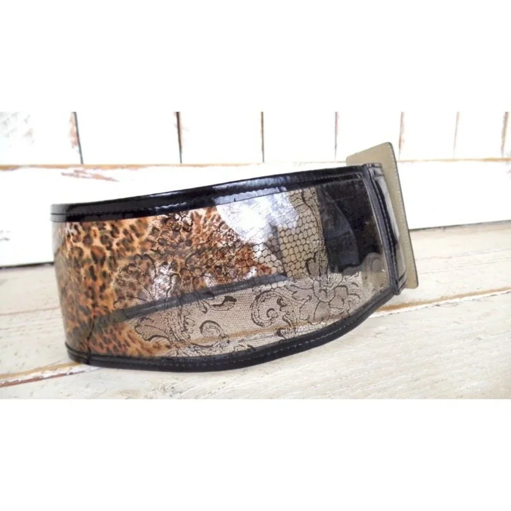 90s vintage wide animal print leather plastic see through belt/black/brown - Picture 2 of 5